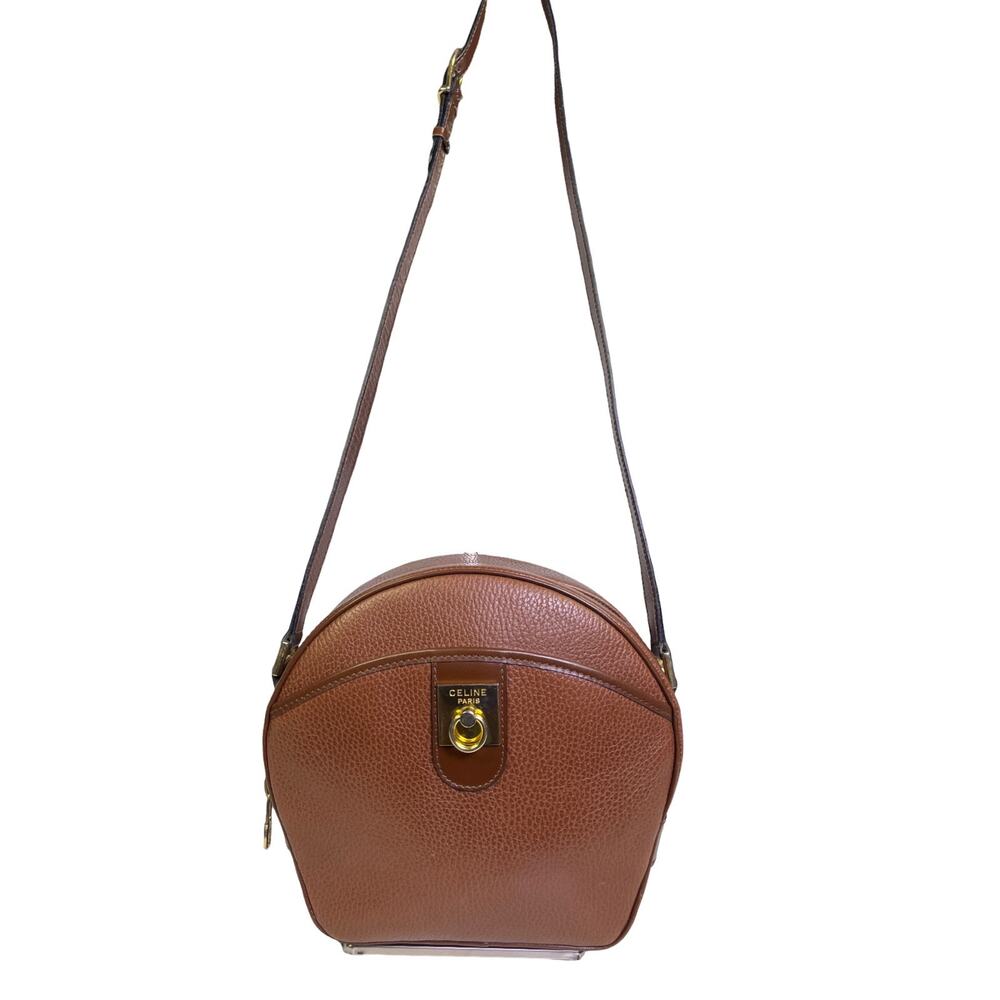 Celine Vintage Caramel Leather Round Crossbody Bag Red Interior Italy M13 - Picture 2 of 14